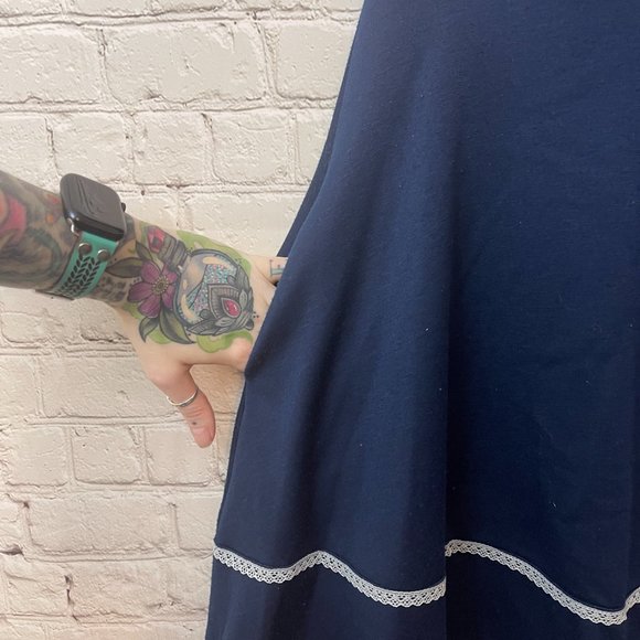 **SOLD** Navy Blue & White Lace Fit & Flare A-line Dress Pinup Retro sz Large - Picture 4 of 8